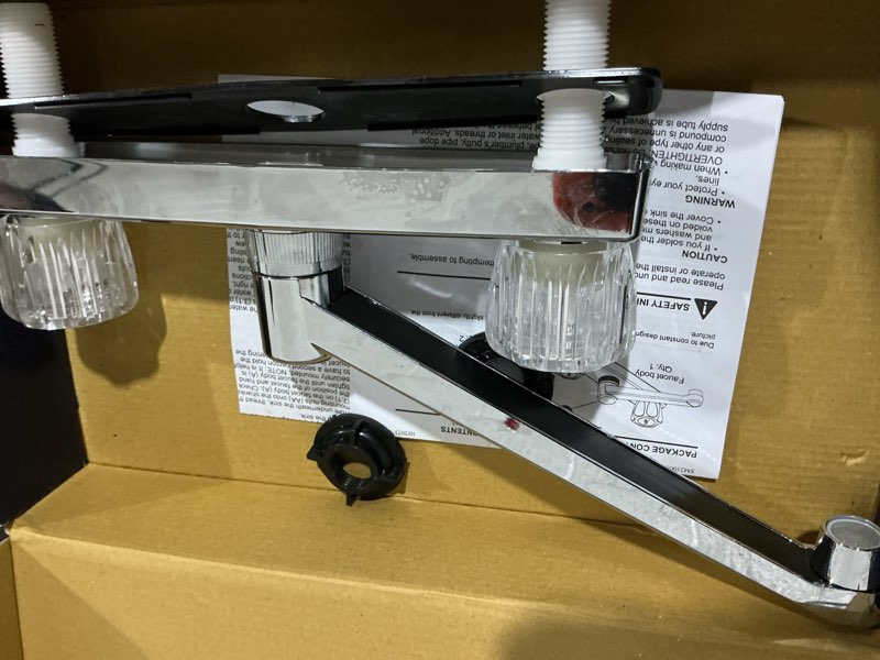 Condition photo showing As Is for project source chrome 2-handle deck-mount low-arc handle kitchen faucet (deck plate included)