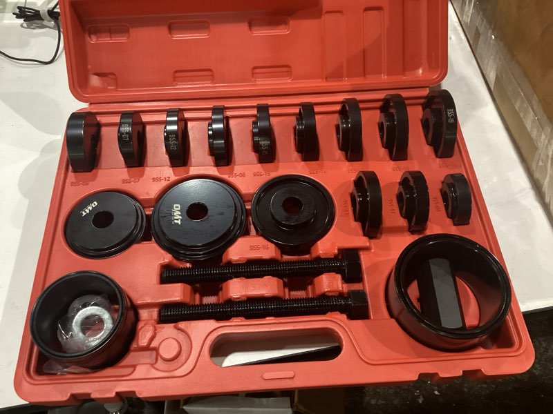 Condition photo showing New/Like New for orion motor tech wheel bearing press kit for front wheel drive bearing removal & installation, 24pc wheel bearing puller tool set with sliding screws universal bushings sleeves storage case red,black