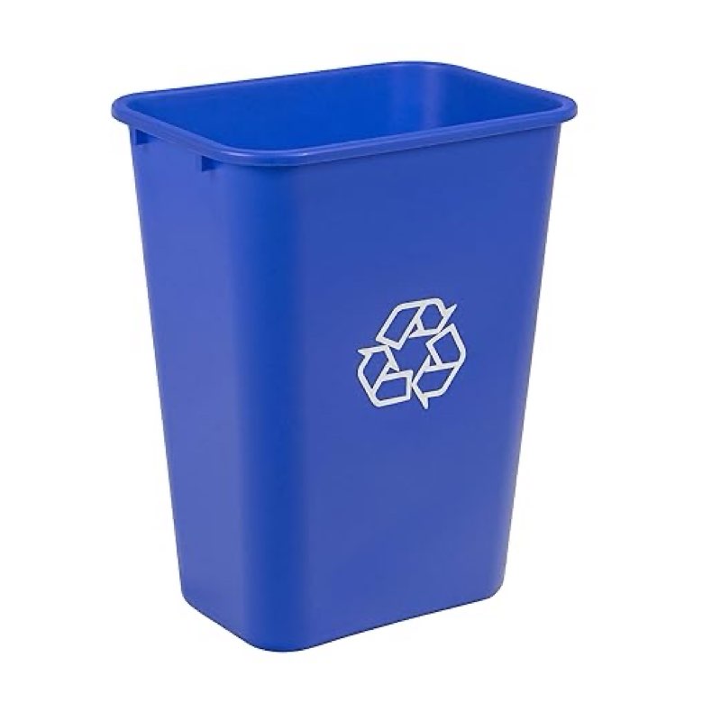 amazon basics rectangular commercial office wastebasket, easy to clean, lightweight, 10 gallon, blue, recycle logo