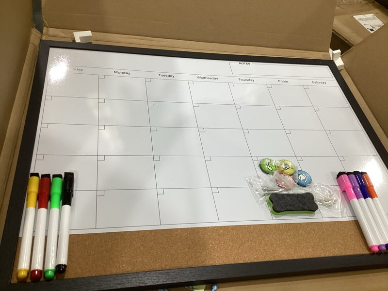 Condition photo showing As Is for dry erase calendar for wall, 18x24 inches calendar whiteboard for wall, magnetic monthly white board corkboard with wood framed, hanging dry erase board for kitchen home office school planner black 18"x24"
