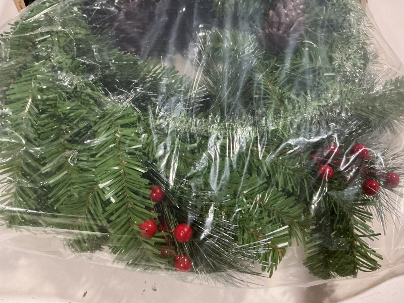 Condition photo showing Good Condition for 24 Inch Artificial Christmas Wreath with Red Berries,Pinecone,Pine Needles, 50 LED Lights with Timer,Battery Operated, Xmas Door Wreath for Indoor Outdoor Windows Wall Holiday Decor
