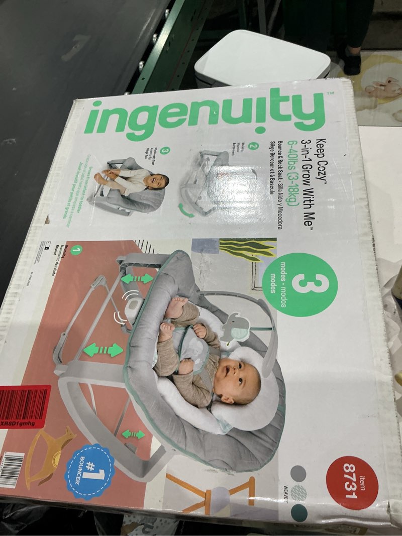 Condition photo showing New/Like New for ingenuity keep cozy 3-in-1 grow with me vibrating baby bouncer, seat & infant to toddler rocker, vibrations & -toy bar, 0-30 months up to 40 lbs (weaver)