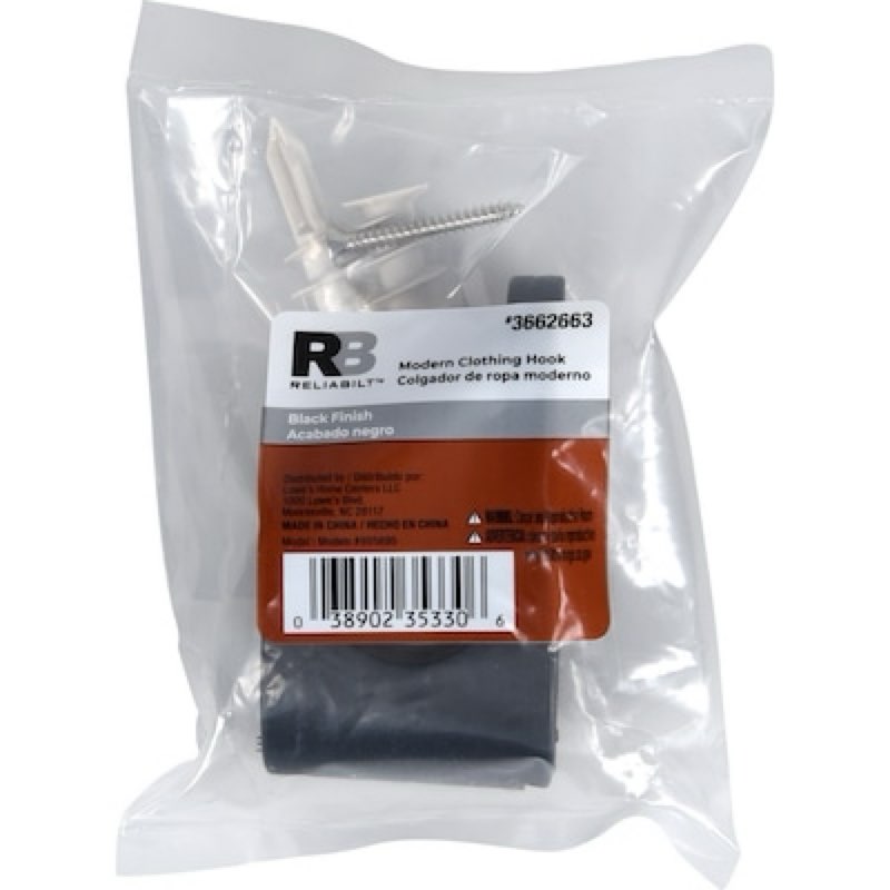 reliabilt 1 -hook 1.5-in x 3.13-in h black decorative wall hook ( 30-lb capacity)