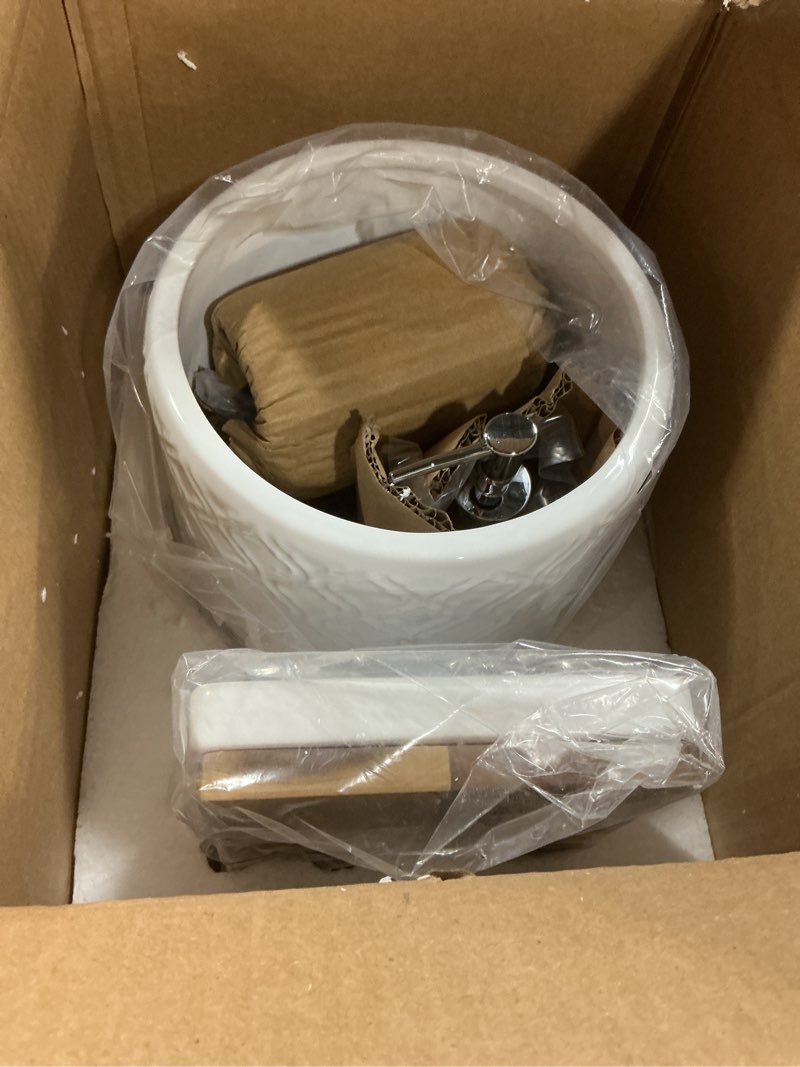 Condition photo showing New/Like New for rqyixi bathroom accessories set 6 pcs ceramic wooden bathroom set with soap dispenser toothbrush holder tray tumbler soap dish trash can?white? b-white