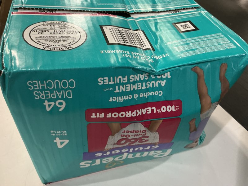 Condition photo showing New/Like New for Pampers Diapers - Cruisers 360 - Size 4, 64 Count, Babyproof up to 100% Leakproof Pull-On Diaper Size 4 64