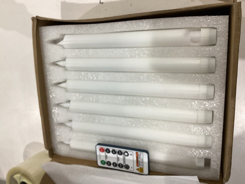 Condition photo showing As Is for homemory 24 pcs waxy flameless taper candles with remote, flickering battery operated taper candle, led flameless candlesticks classic tall candles for home, wedding, party, white, 9.6 inches b-24 pcs white