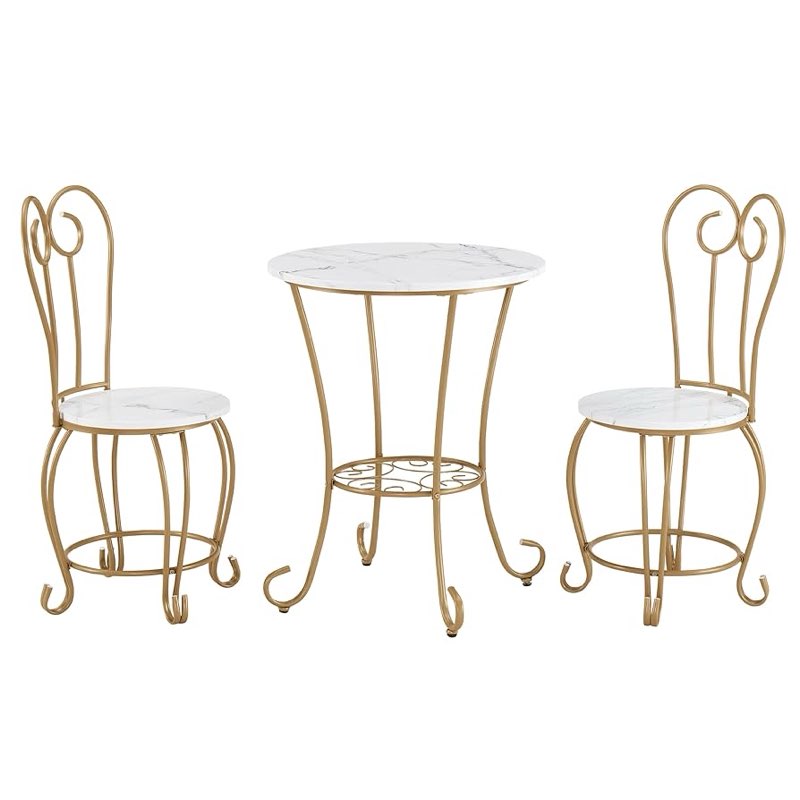 join iron 2-piece bistro dining set for indoor use, marble-look tabletop with gold metal frame, vintage french café style round table and chairs for kitchen, breakfast nook, small apartment