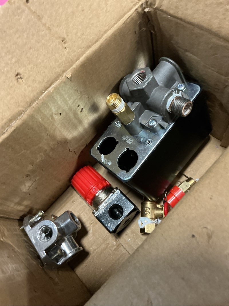 Condition photo showing As Is for air compressor pressure switch control valve, 90-120psi pressure regulator with pressure gauges fittings set
