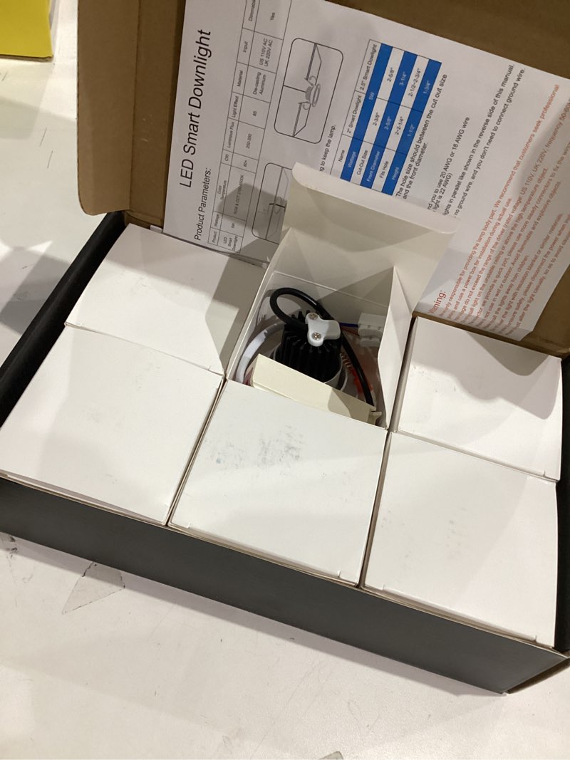 Condition photo showing New/Like New for 6 Pack 2 Inch Smart LED Recessed Lighting, 5W WIFI Recessed LED Lights, Dimmable RGB & CCT 2700-6500K Color Changing, 110V Recessed Light Compatible with Alexa and Google Home, with LED Driver