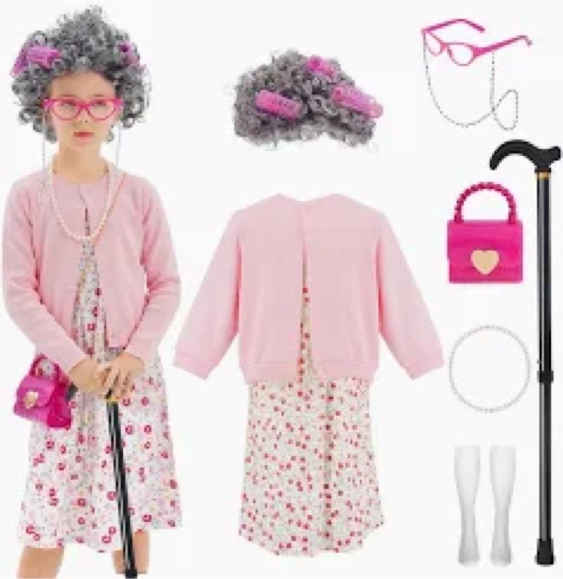 WooWee Kids Girl 100 Days of School Costume, Old Lady Costume for Kids, Halloween Cosplay Dress Up