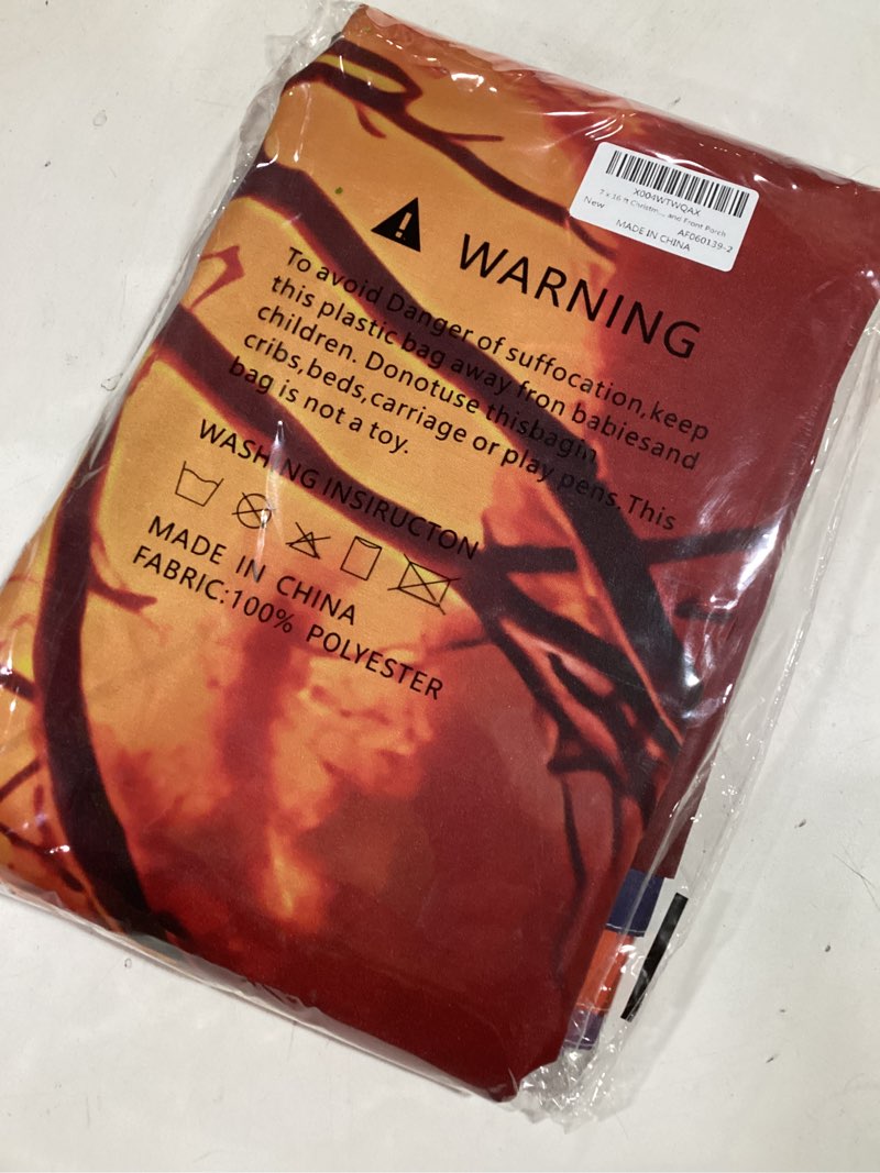 Condition photo showing New/Like New for 7 x 16 ft Christmas Garage Door Banner with Santa Claus and Sunset – Holiday Garage Mural Cover with Tree, Lantern, and Gifts – Winter Outdoor Decoration for Home, Yard, and Front Porch