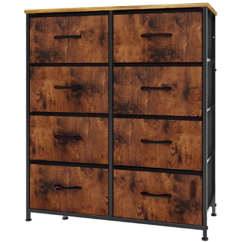 8 drawer dresser, dresser for bedroom, fabric storage tower with drawers, chest of drawers with fabric bins, steel frame, wood top, ideal for bedroom, closet, entryway storage, rust brown