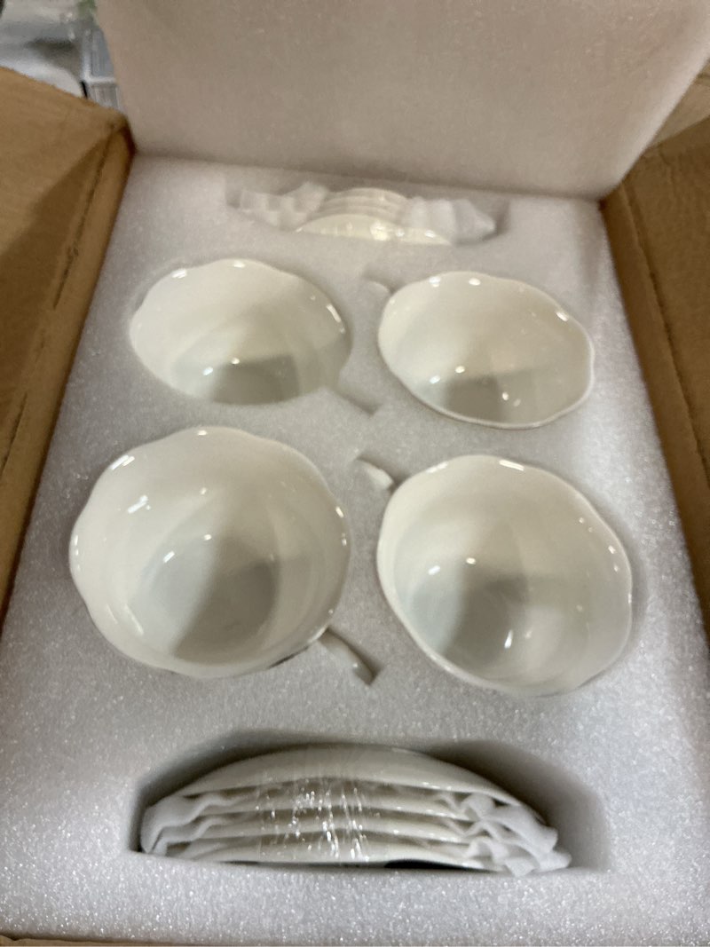 Condition photo showing New/Like New for white ceramic tea cup and saucer set of 8 (16-piece) - 6oz elegant porcelain cups with gold rim, 8 cups & 8 saucers for tea party