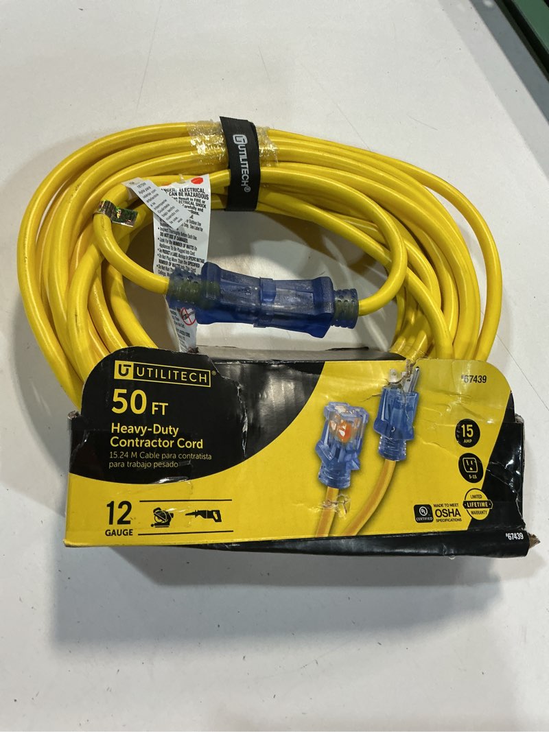Condition photo showing As Is for Utilitech 50-ft 12 / 3 Heavy Duty 3 Prong Yellow Outdoor Extension Power Cord