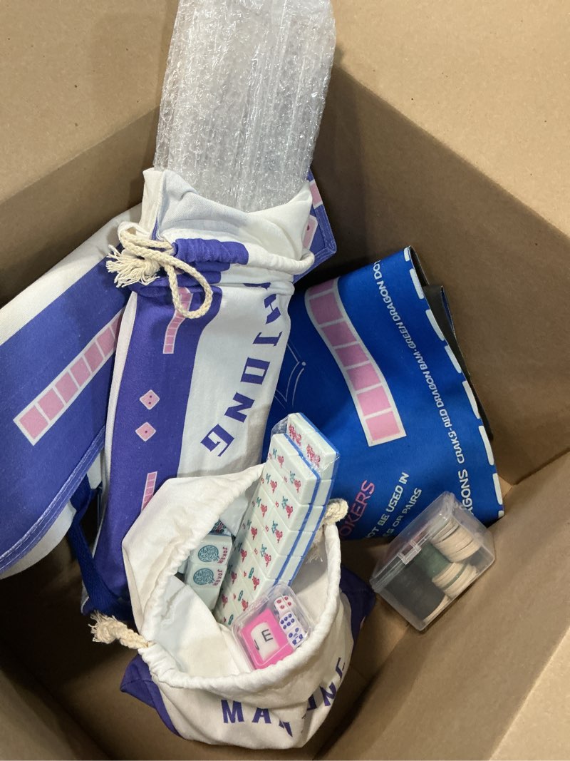 Condition photo showing Good Condition for american mahjong tiles set with noise reducing mat, 166 blue mahjong game with portable storage bags, 4 all-in-one color rack/pushers, scoring, plastic coins dices for adults & beginners