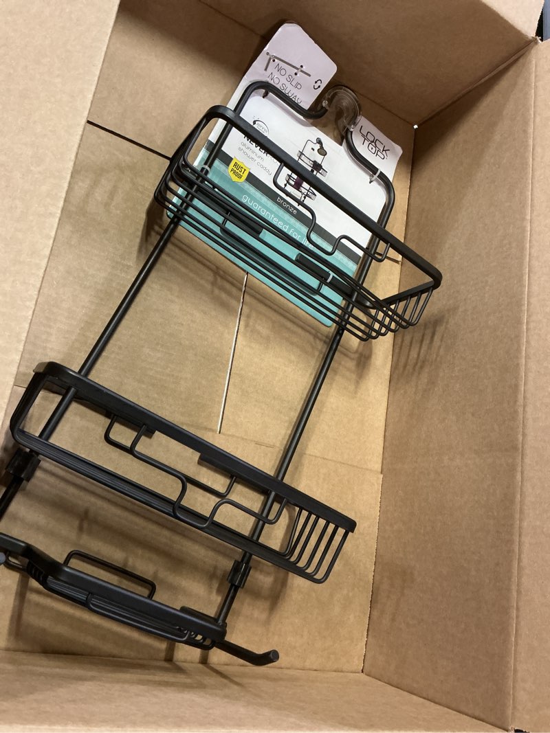 Condition photo showing Good Condition for Zenna Home Rustproof Hanging Shower Caddy, Over the Shower Head Caddy with 2 Shelves and Built In Hooks, Aluminum Bathroom Hanging Organizer, Black