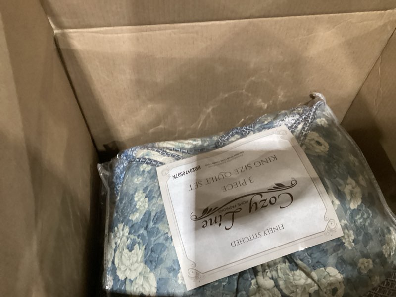 Condition photo showing Good Condition for floral rose garden 3-piece blue vintage cottage patchwork cotton king reversible quilt bedding set by cozy line home fashions king blue vintage