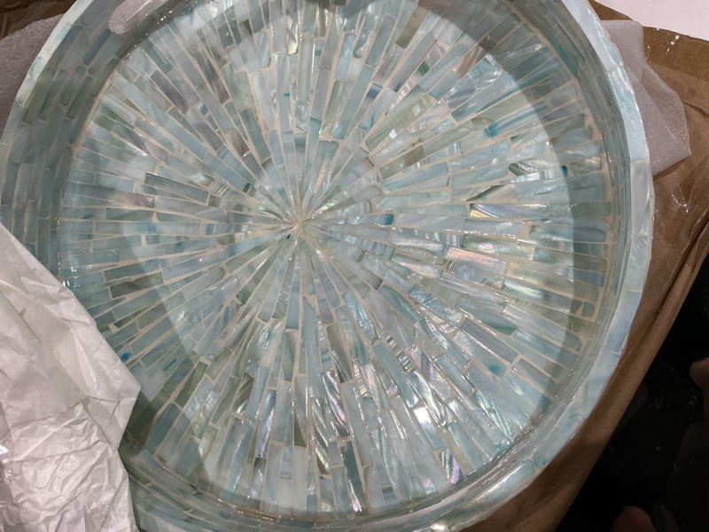 Condition photo showing As Is for pemar 12.6” mother of pearl round serving tray with handles, decorative nacred wooden ottoman coffee table tray (teal sunlight)