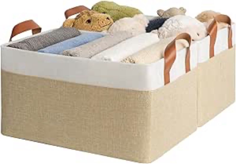 granny says storage baskets for shelves, closet organizer bins, clothes storage bins with metal frame, large baskets for organizing and storage, collapsible, khaki, 2-pack
