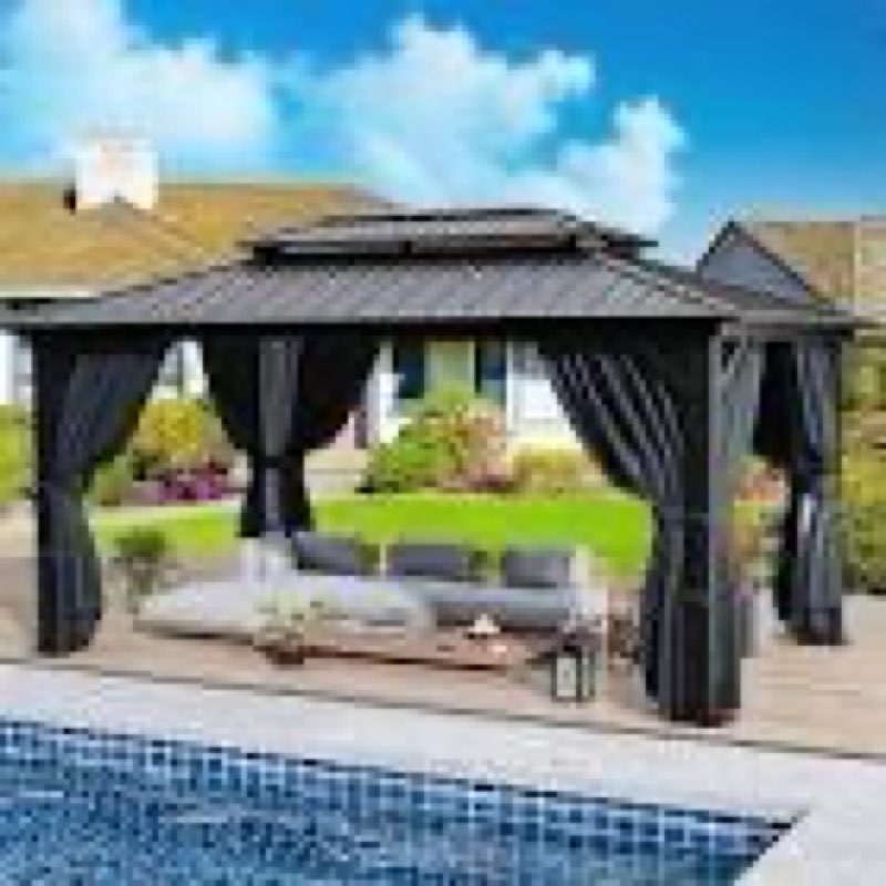 (Incomplete only 1 box) HOTEEL 10x12 Hardtop Gazebo with Heavy Duty Galvanized Steel Double Roof, Aluminum Frame, Flame-Resistant Curtains and Netting, Outdoor Gazebo Permanent Gazebo for Backyard, Patio