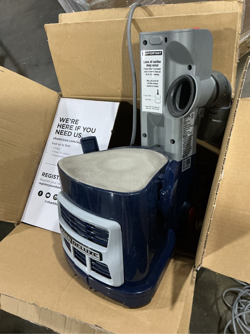Condition photo showing As Is for shark upright vacuum, navigator lift-away deluxe with large dust cup capacity, hepa filter, swivel steering, upholstery tool & crevice tool, blue, nv360