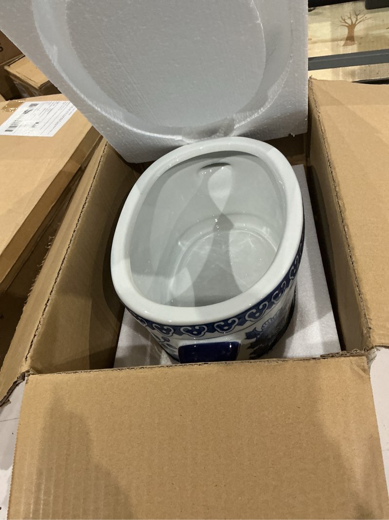 Condition photo showing Good Condition for blue and white ceramic planter pot – vintage floral oval cachepot vase for indoor plants, flowers & succulents – glazed chinese porcelain style decorative bowl –10.6" size – no drainage