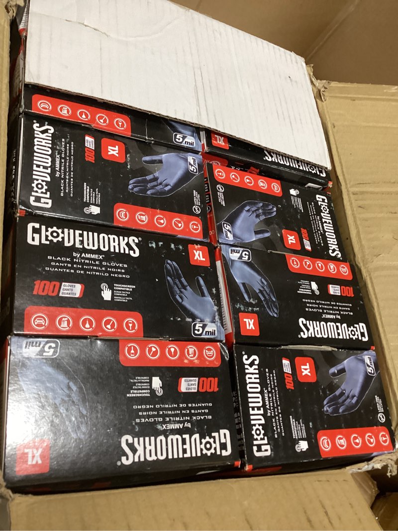 Condition photo showing Good Condition for gloveworks black nitrile gloves 5 mil disposable, latex free, textured grip for food service, cooking, professional cleaning x-large 10 boxes of 100
