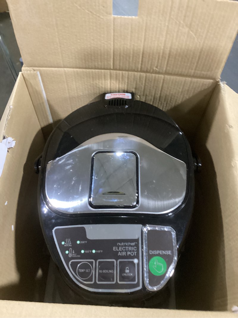 Condition photo showing As Is for nutrichef electric water boiler and warmer - 5l/5.28 qt stainless steel hot water dispenser w/rotating base, keep warm temperature set, auto shut off, safety lock, instant heating for coffee & tea 5.3 quarts