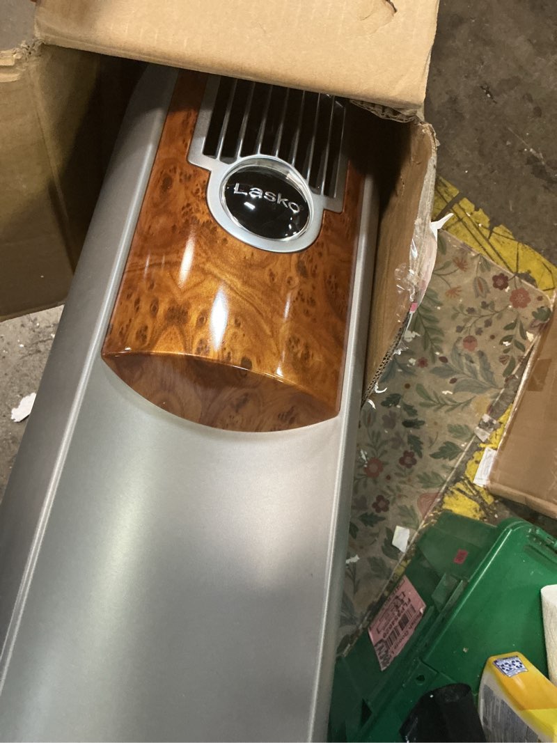 Condition photo showing Good Condition for lasko oscillating tower fan with remote, quiet floor fans for bedroom, 42", woodgrain and grey, t42954