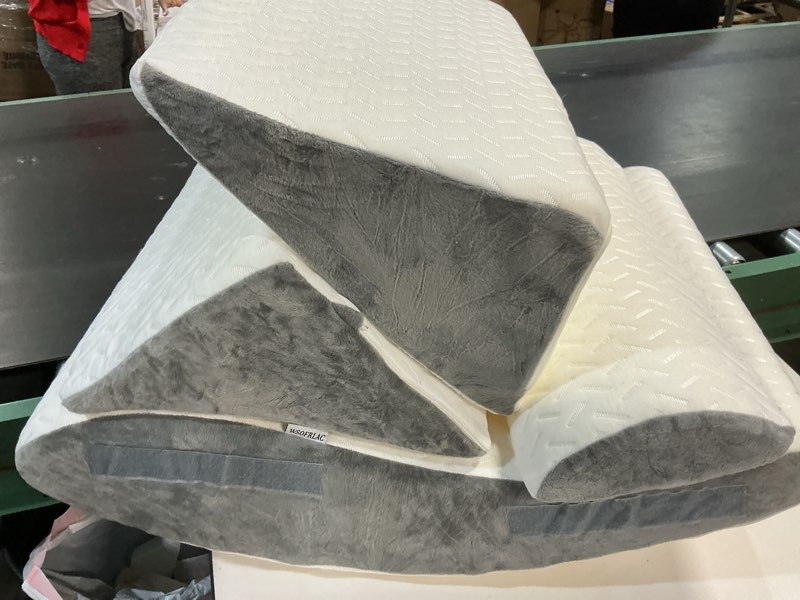 Condition photo showing As Is for 4PCS Bed Wedge Pillow for Sleeping and Sitting Up, Orthopedic Memory Foam Pillow Set for Back Pain, Post Surgery Recovery, Acid Reflux, GERD Relief, Triangle Shape, Blue White Grey White 4 Piece Set