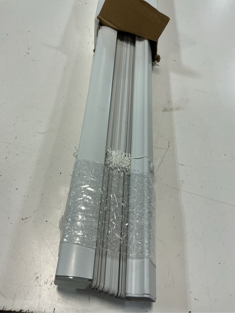 Condition photo showing As Is for project source light filtering 1-in slat width 39-in x 64-in cordless white vinyl light filtering mini-blinds