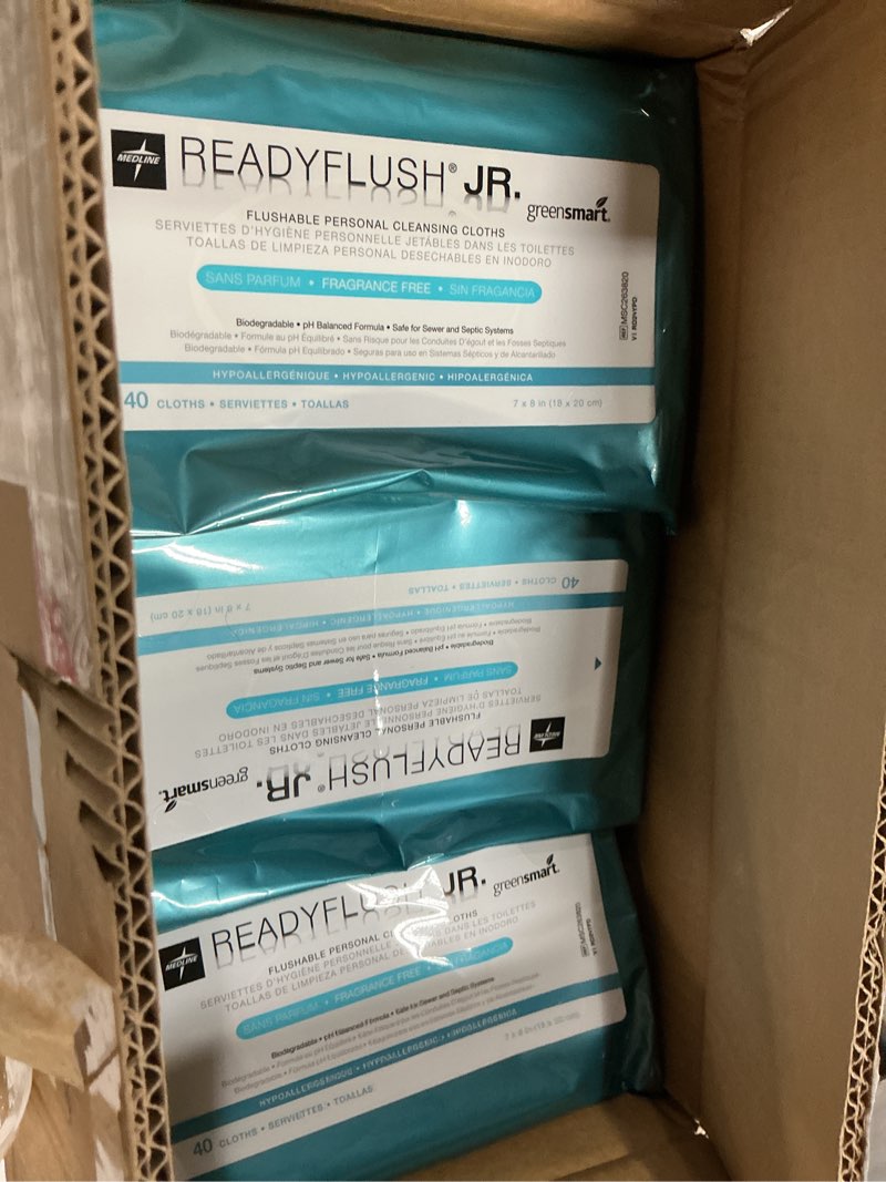 Condition photo showing Good Condition for medline readyflush jr flushable wipes, 960 wipes (40 wipes, 24 packs), travel-sized, unscented, biodegradable wet wipes with aloe, hypoallergenic & ph-balanced personal cleansing cloths, 7x8 inch wipe