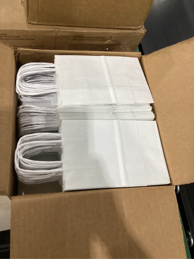 Condition photo showing Good Condition for GSSUSA 100Pcs White Paper Bags, 5.25x3.75x8 Small Gift Bag, Paper Bag with Handles Bulk, for Small Business, Sturdy Kraft Paper, Retail Shopping, Party Favor Bag, Birthday Gift White 5.25X3.75X8 Inch (Pack of 100)