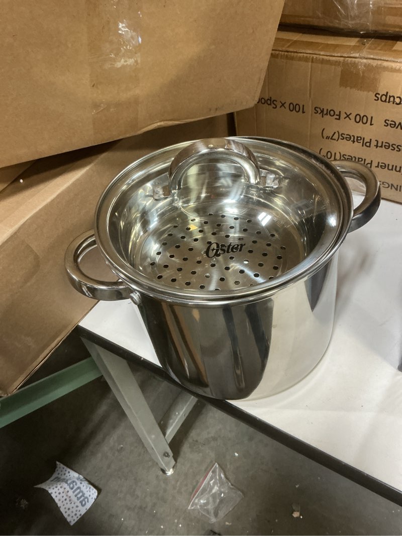 Condition photo showing Good Condition for Oster Sangerfield 5-Quart Stainless Steel Pasta Pot Set with Steamer Basket and Lid – Durable Kitchen Cookware for Boiling and Steaming Stainless Steel 5 Quarts