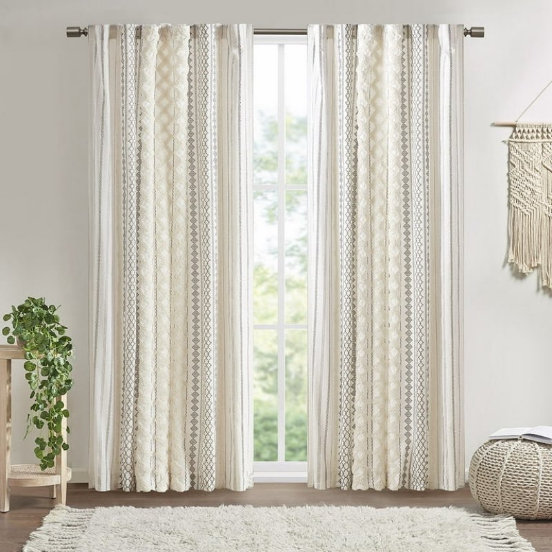 INK+IVY Imani Cotton Printed Curtain Panel with Chenille Stripe and Lining, Ivory, 50x84"