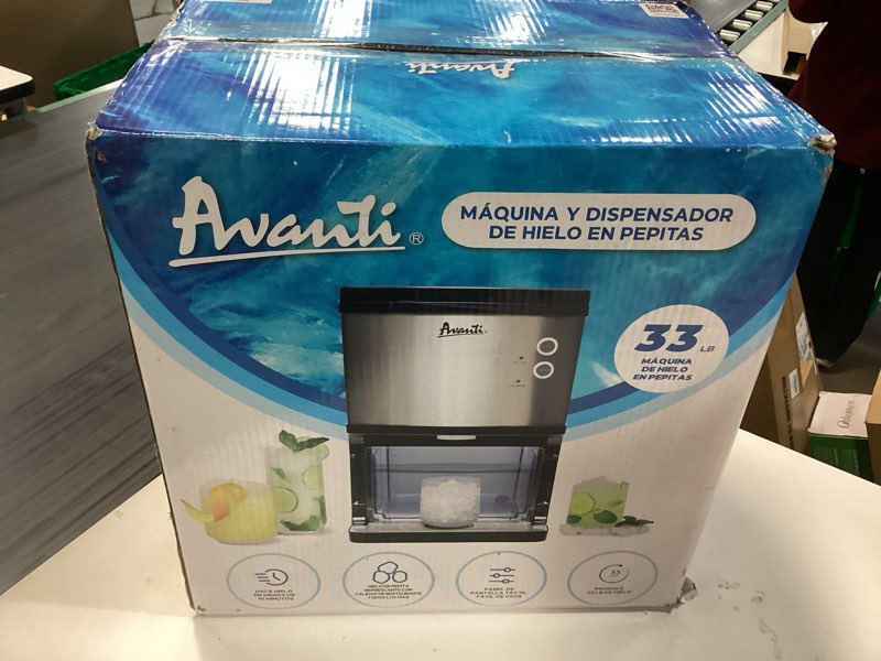 Condition photo showing New/Like New for avanti nugget ice maker with electronic controls and dispenser countertop use makes 33lbs of chewable ice per day perfect for kitchen office or breakroom, includes ice bin, 195-watts, stainless steel 195 watt electronic