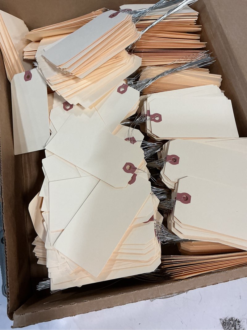 Condition photo showing Good Condition for avery price tags with string attached, 11.5 pt. stock, 4-3/4" x 2-3/8", 1,000 manila hang tags (12605)