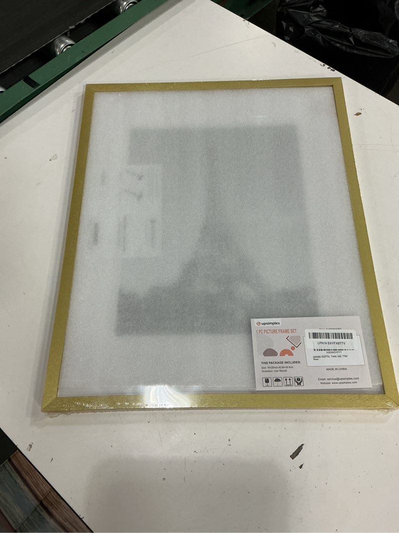 Condition photo showing New/Like New for upsimples 16x20 picture frame, display pictures 11x14 with mat or 16 x 20 without, wall hanging poster frame, gold, 1 pack gold 16x20