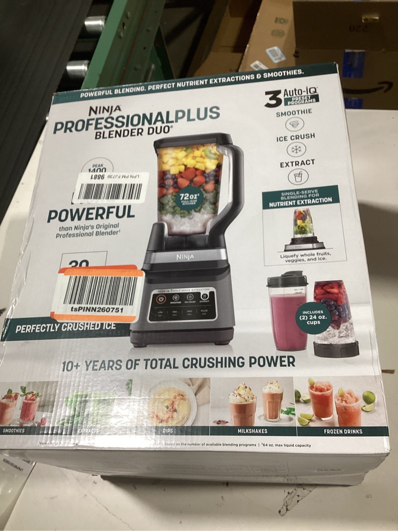Condition photo showing Good Condition for Ninja BN751 Professional Plus DUO Blender, 1400 Peak Watts, 3 Auto-IQ Programs for Smoothies, Frozen Drinks & Nutrient Extractions, 72-oz. Total Crushing Pitcher & (2) 24 oz. To-Go Cups, Black 72 oz. Blender + 24 oz. Cups
