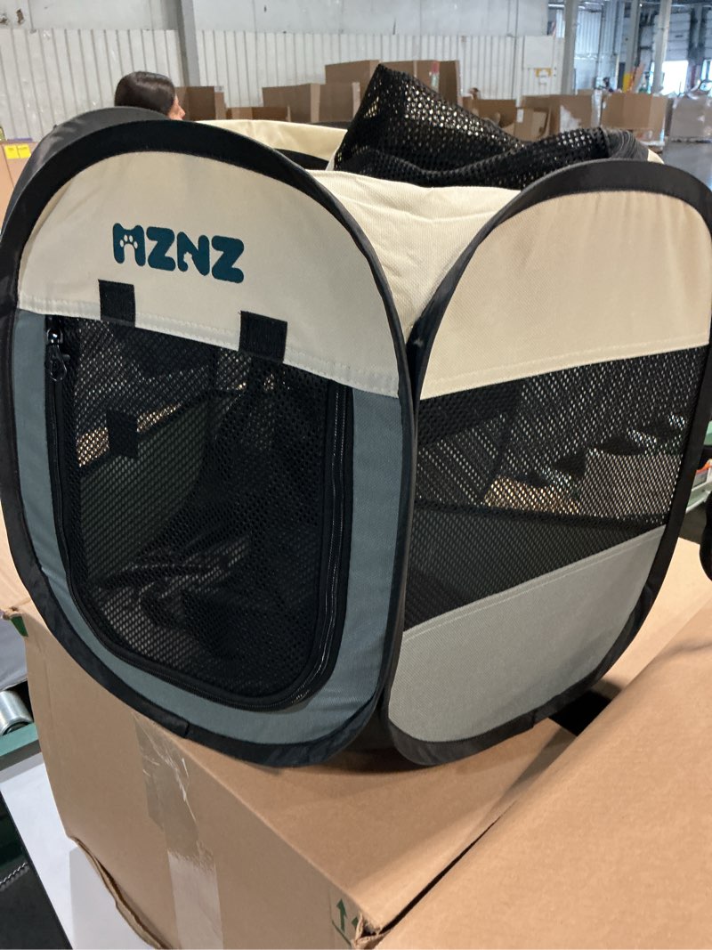 Condition photo showing As Is for dog cat small animal puppy playpen crate with 2 blankets, large, grey blanket grey large (38"l x 38"w x 23"h)