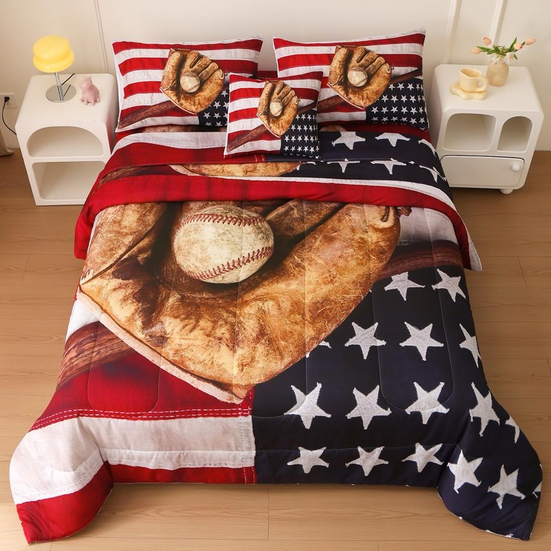 Namoxpa 6 Pieces Baseball American Flag Comforter Sets,3D Baseball Pattern,Decorative 6 Piece Beddin