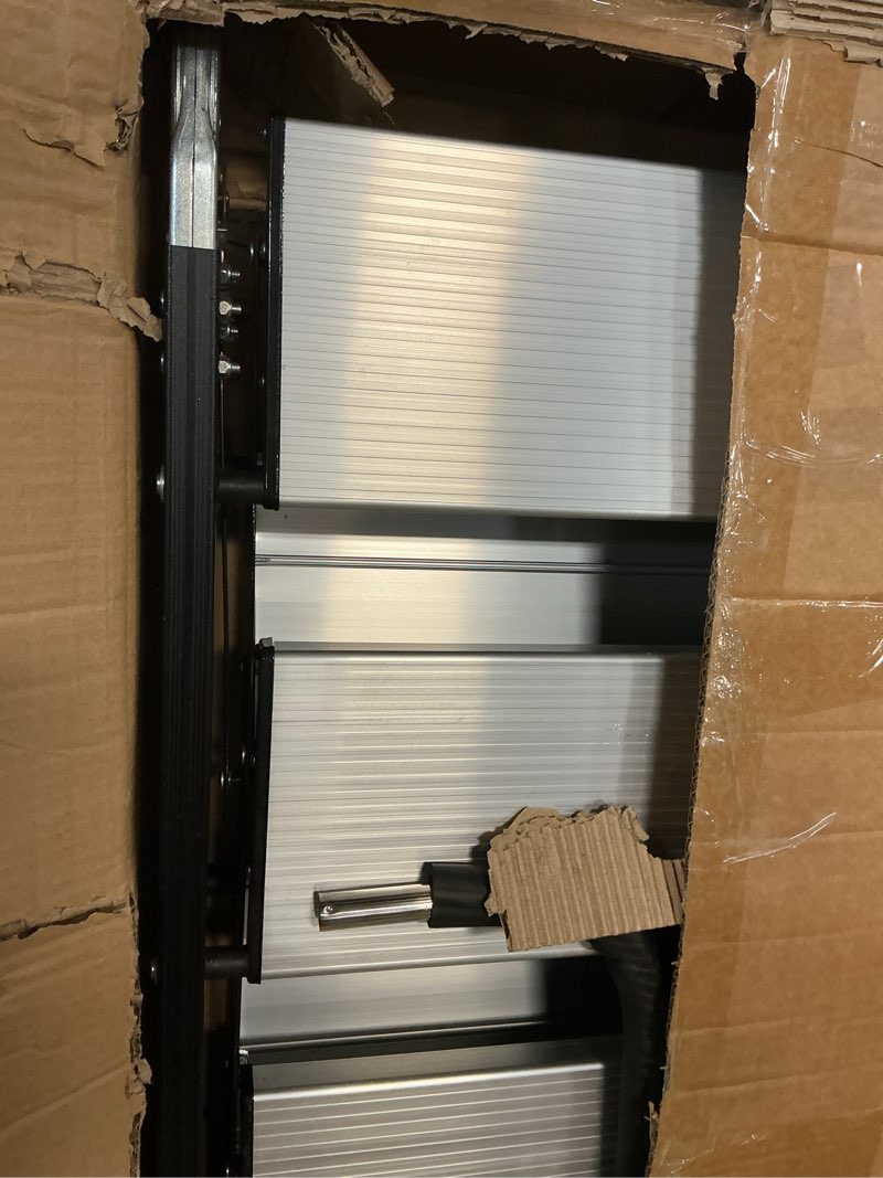 Condition photo showing As Is for foldable aluminum loft stairs ladder 8.5ft / 9ft / 9.5ft / 10.5ft / 11.5ft, heavy duty bunk bed ladders with handrails ? hooks, 8 step attic ladder for small opening, load 330 lbs silver 8-steps