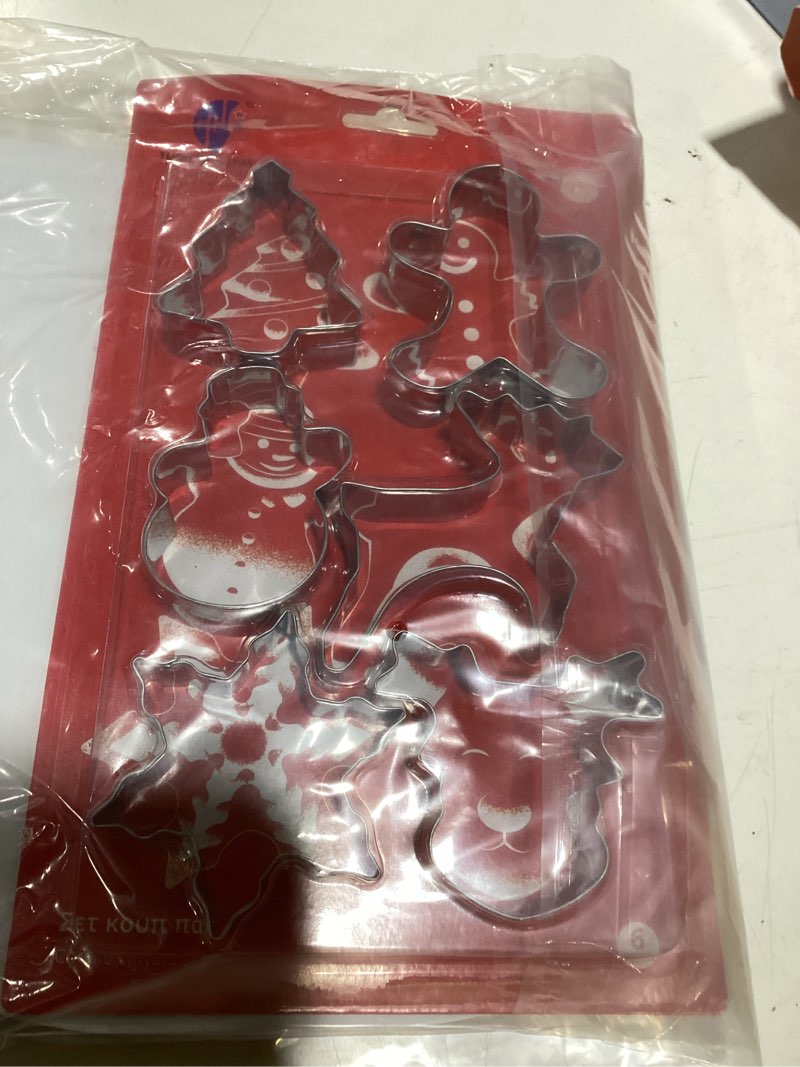 Condition photo showing Good Condition for Christmas Cookie Cutters Set- 9 Piece Stainless Steel Winter Holiday Metal Shapes-Christmas tree, Snowman, Candy Cane, Bells, Snowflakes, Gingerbread Man, Reindeer, Socks,Santa Face Shapes