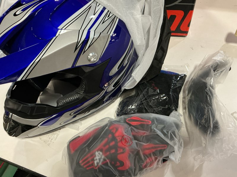 Condition photo showing Good Condition for (Size:XL)Adult Motocross Dirt Bike Helmet with Goggle, Gloves & Mask - DOT/FMVSS-218 Off-Road Motorcycle & ATV Helmet with Adjustable Sun Visor Matte Blue-188 X-Large