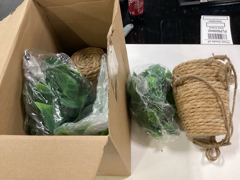Condition photo showing New/Like New for 6 set mini fake hanging plants with woven basket boho artificial ivy faux vines eucalyptus leaf for indoor home wall living room bathroom shelf decor (round radish leaf)