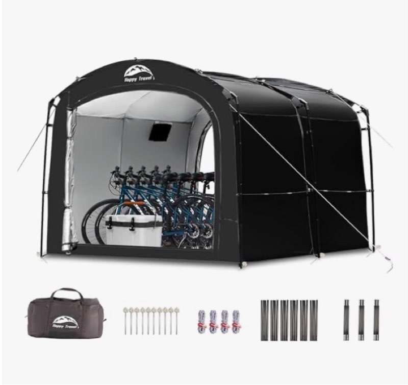 happy travel bike storage tent, outdoor 8×7×6.3ft large 2-in-1 portable shed more 30% top space w/double doors with mesh, outside lawn mower shelter and bicycle cover for patio furniture, garden tools