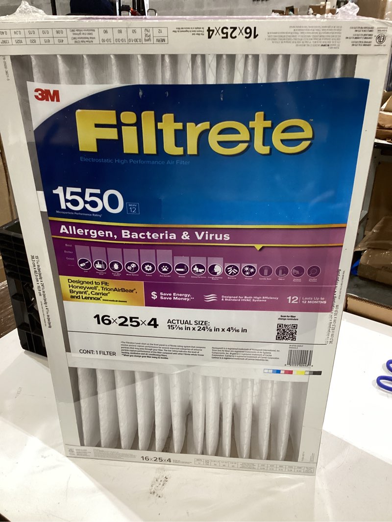 Condition photo showing Good Condition for filtrete 16x25x4 air filter merv 12, mpr 1550 certified asthma & allergy friendly 1-pack, fits lennox & honeywell, ac furnace hvac filters, pleated electrostatic (actual size 15.88x24.56x4.31 in)