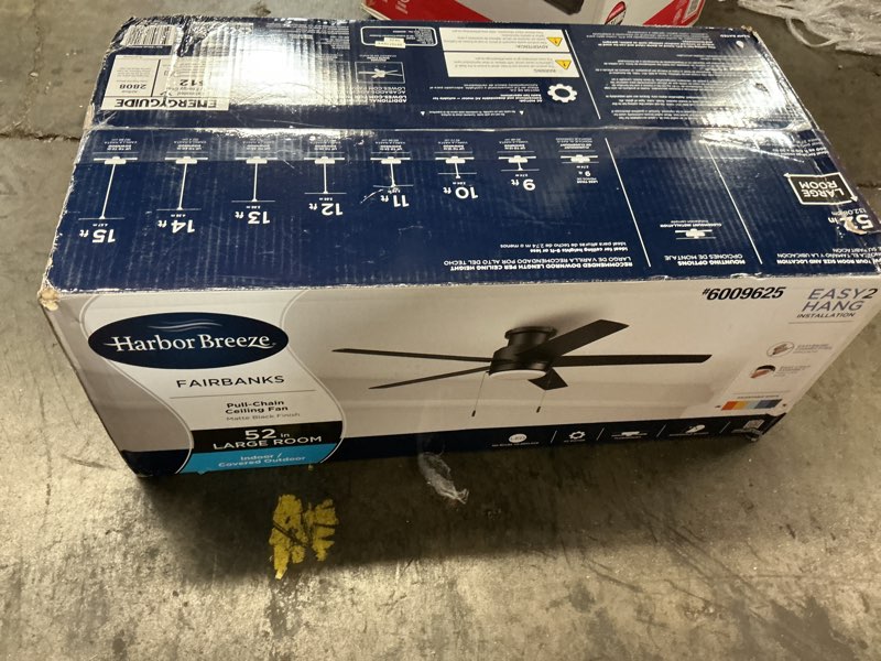 Condition photo showing As Is for harbor breeze fairbanks 52-inches matte black with black/sable blades color-changing indoor/outdoor flush mount standard ceiling fan with light ( 5 -blade)