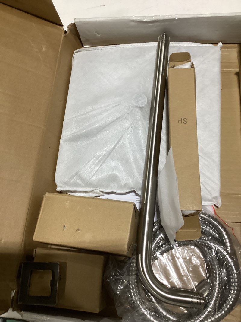 Condition photo showing As Is for Delta Modern 14 Series Square Rain Shower System Faucet Set, Rainfall Brushed Nickel Shower Head and Handle Set, Valve Trim Kit, 10 Inch, Spotshield Stainless 342701-SP