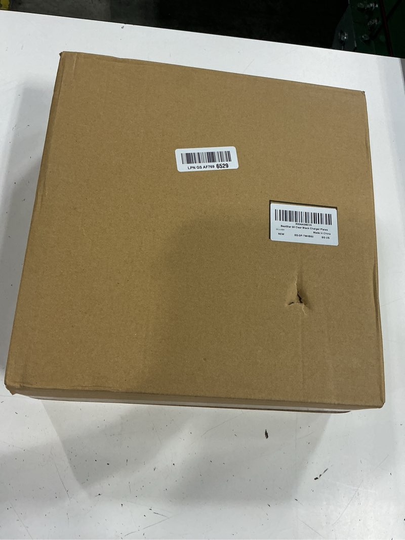 Condition photo showing New/Like New for beststar 12 inch disposable decor charger plates, 50 pack plastic clear plates with gold rim, perfect table decor for party, wedding, dinner, halloween black rim 50